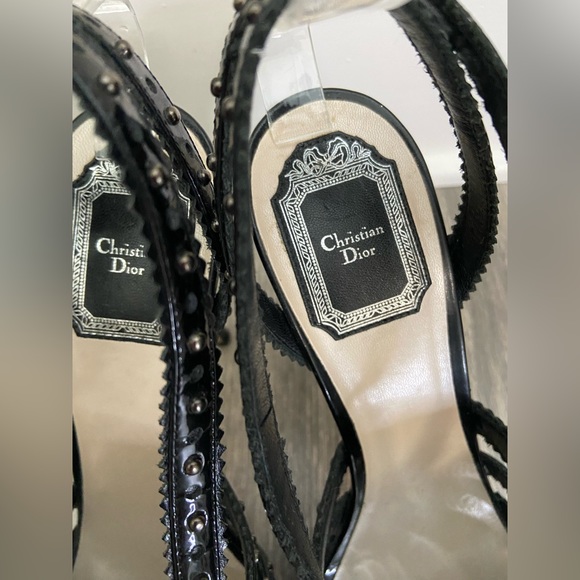 C. Dior Bonnie Black Leather Studded Open Toe Platform High Heels Size 38/ 7 - Picture 2 of 14